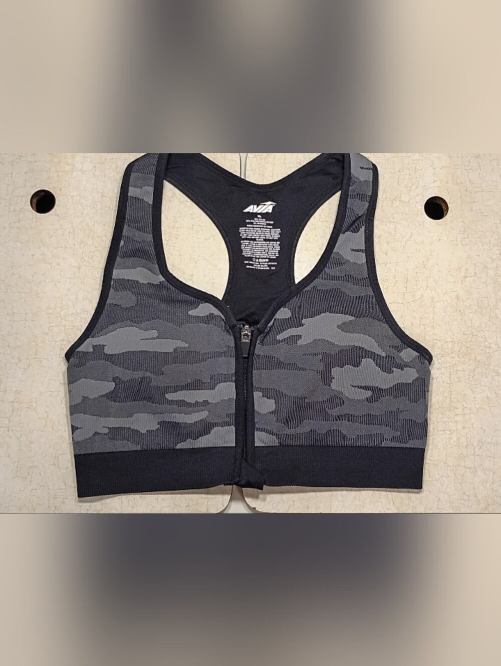 Avia Black and Gray Camo Front-Zip Sports Bra